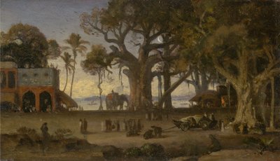 Månebelyst scene med indiske figurer og elefanter blant Banyan-trær, Øvre India (sannsynligvis Lucknow) av Auguste Borget
