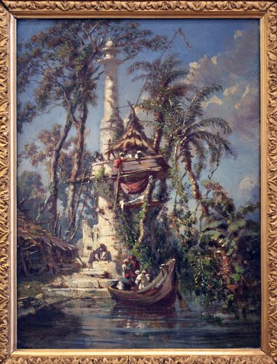 Observatorium ved bredden av Hoogly-elven (Bengal, India). Maleri av Auguste Borget (1808-1877), olje på mahogni av Auguste Borget