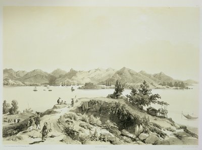 The Bay and Island of Hong Kong, plate 4 fra 'Sketches of China', gravert av Eugene Ciceri (1813-90) 1842 (tonet litho) av Auguste Borget