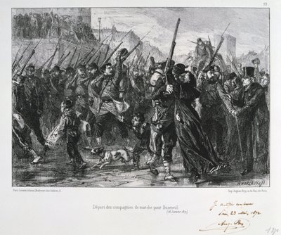 Franske soldater på vei til Buzenval, beleiringen av Paris, den fransk-prøyssiske krigen, 18. januar 1871 1872 av Auguste Bry