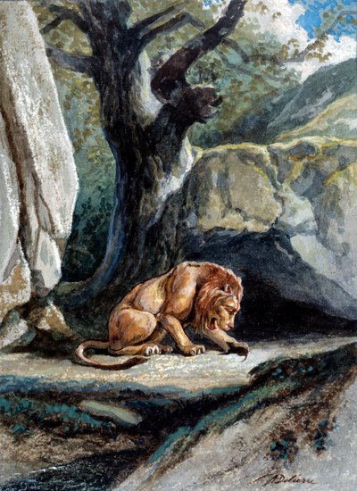 Illustrasjon av fabelen "Løven og rotten"" av Jean de La Fontaine. Akvarell av Auguste Delierre (1829-c.1890) av Auguste Delierre