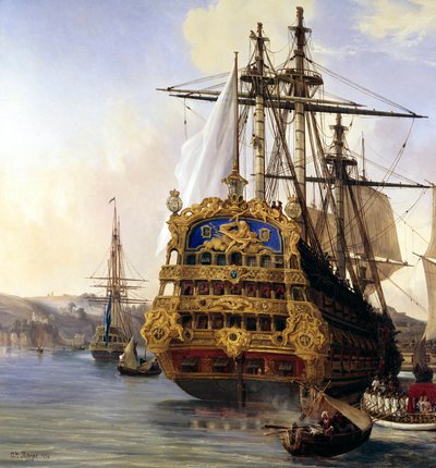 Skipet "le foudroyant" i havnen i Brest i 1724"" Detalj. maleri av Auguste Mayer (1805-1890) 1724 Brest, Museum of Fine Arts - Skipet "" Le Foudroyant""" i Brest havn av Auguste Etienne Francois Mayer