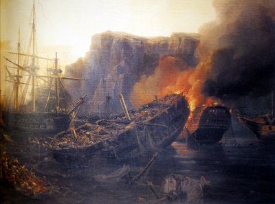 Kvelden for slaget ved Navarino, 1827 av Auguste Etienne Francois Mayer