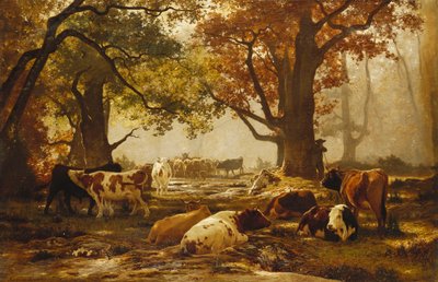 Storfe i et skogkledd elvelandskap, av Auguste Francois Bonheur