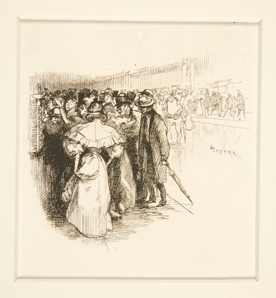 Folkemengde ved billettvinduet (?) av Auguste Lepere