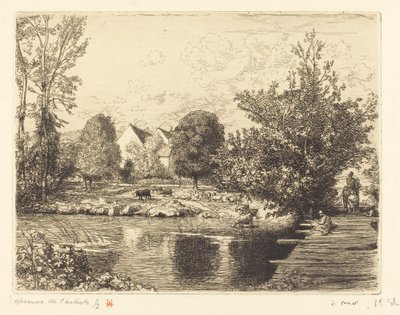 Gammel gangbro, Banks of the Small Morin (Vieille passerelle, bords du petit morin) av Auguste Lepere