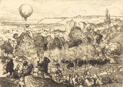 Den fallende ballongen, i Pre-Saint-Gervais Lebaloon qui grav, i Pre-Saint-Gervais, 1910. av Auguste Lepere