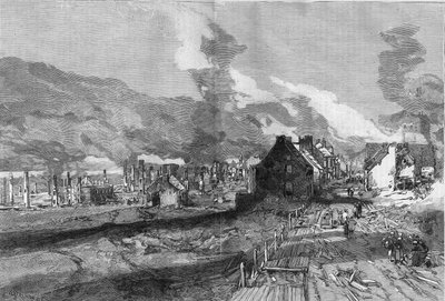 Utsikt over ruinene av Quebec City (Canada) etter brannen i juni 1881. Gravering av Lepere i "" The Illustrous World"" nr. 1267 av 9. juli av Auguste Lepere