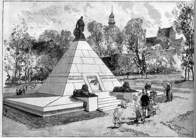 Utsikt over monumentet reist til minne om den franske egyptologen Auguste-Edouard (Auguste Edouard) Mariette (1821-1881) i Boulogne sur Mer (Boulogne-sur-Mer), Pas de Calais (62). Gravering av Lepere i ""Le Monde Illustre"" nr. 1322 av 29. juli 1882. av Auguste Lepere