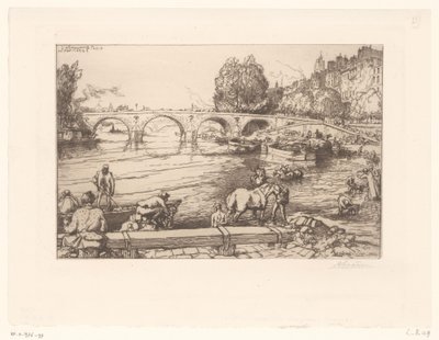 Utsikt over Pont Marie med figurer i Seinen L