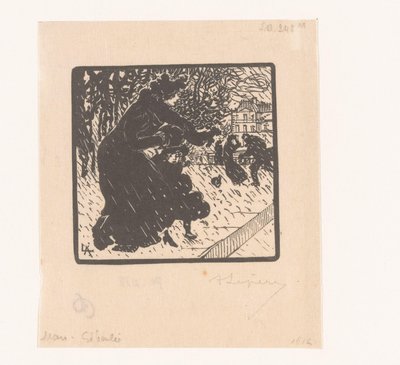 Kvinne og barn i dusjen Giboulées au Luxembourg Mars Giboulée (tittel på objekt) januar, februar og mars 1894 (serietittel) Janvier, Février et Mars 1894 (serietittel) av Auguste Lepère (signed by artist)