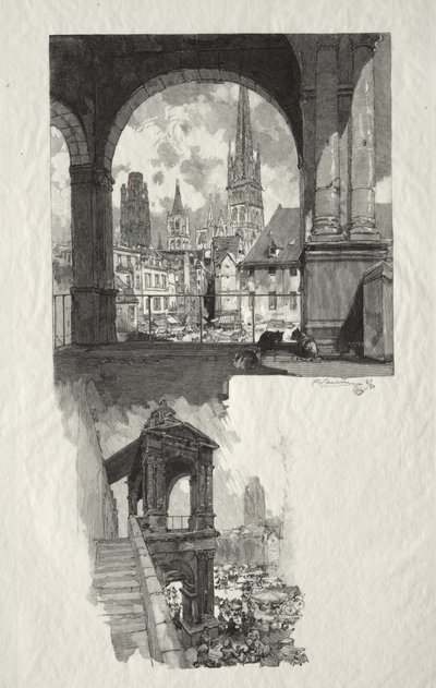 Illustrert Rouen: Place de la Haute Vieille Tour; Aedicule of Pride av Auguste Louis Lepère