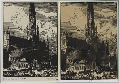 Rådhuset i Brussel står i brann av Auguste Louis Lepère
