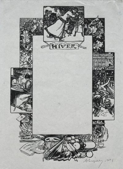 Paris Almanac, 1897: Dekorativ grense, vinter, 1897. av Auguste Louis Lepère