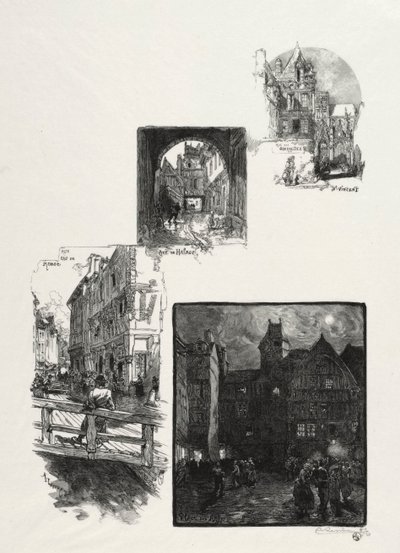 Illustrert Rouen: Rue des Charretes; Halage Street; Rue Eau de Robec; Kunstplassen av Auguste Louis Lepère