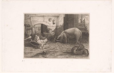 Gris, høner og kaniner på en låve av Auguste Numans (attributed to)