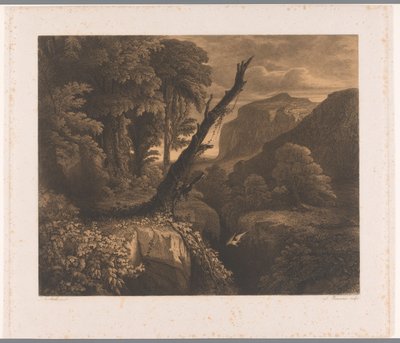Fjelllandskap med fugl som flyr gjennom en kløft Dix eaux-fortes par A. Numans (serietittel) Ansikter av Auguste Numans til andre artister (serietittel) av Auguste Numans