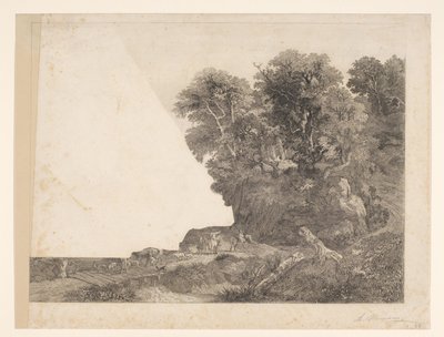 Landskap med dyr og figurer på en vei langs en elv av Auguste Numans