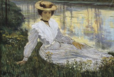 Ung kvinne ved vannkanten av Auguste Oleffe