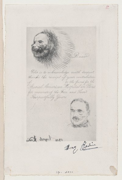 Bidragskvittering fra Special American Hospital i Paris for Wounds of the Face and ..., 1916. av Auguste Rodin