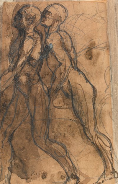 The Shades nærmer seg Dante og Virgil (grafitt, penn og mørk sepia vask på brunpapir) av Auguste Rodin
