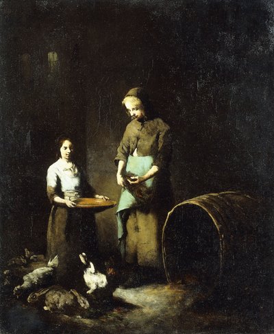 Unge bondepiker som mater gårdsdyr, av Auguste Theodule Ribot