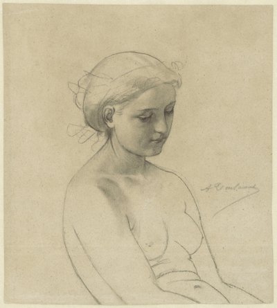 Sittende naken kvinne, tre fjerdedeler til høyre, halvlang av Auguste Toulmouche