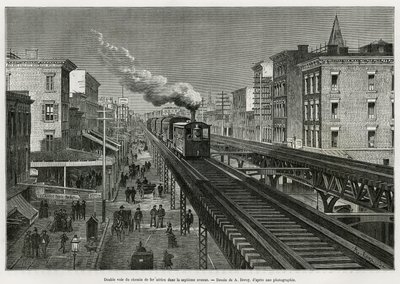 Dobbeltspor av Airline Railway på Seventh Avenue, New York, New York. Edouard de Laveleye, i 1878-1879, publisert i Tour du monde, under ledelse av Edouard Charton (1807-1890) av Auguste Victor Deroy