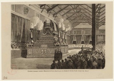 Siste æresbevisning til Giacomo Meyerbeer i Paris, på Northern Railway Station 6. mai 1864, ca 1864. av Auguste Victor Deroy