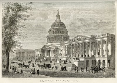 Capitol, sete for lovgiver, bygget mellom 1793 og 1830, i Washington (District of Columbia), hovedstaden i USA. Gravering etter A.Deroys tegning, for å illustrere historien La conquete blanche, av William Hepworth Dixon, i 1875, s. av Auguste Victor Deroy