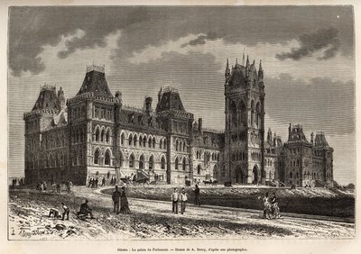 Parlamentspalasset i Ottawa, bygget mellom 1859 og 1876, gravert etter en tegning av A.Deroy, som illustrerer ekskursjonen til Canada og den røde elven i nord, av H. De Lamotte i 1873, publisert i "" Le tour du monde””” 1875, redigert av Edouard av Auguste Victor Deroy