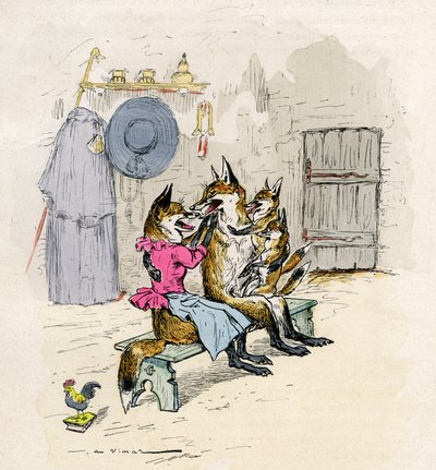 Illustrasjon av A. Vimar for romanen de Renart (revens roman), utgave Henri Laurens 1800-tallet - reven Goupil og Hermeline, hans kone, hjem, med barna de små revene - av Auguste Vimar