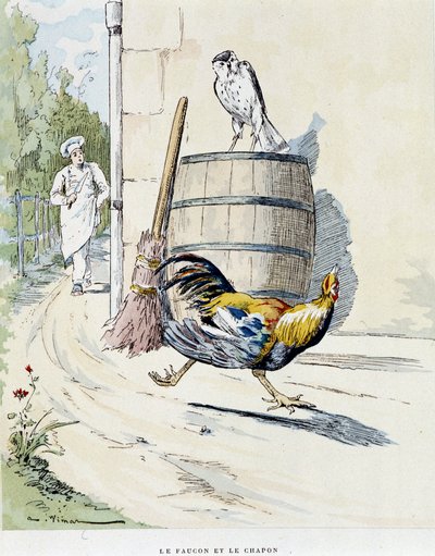 Falken og kaponen i "" Fables of La Fontaine, ill. av Auguste Vimar (1851-1916), Tours, hos A, Mame & Son av Auguste Vimar