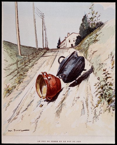 Leirgryten og jerngryten - i "" Les Fables de La Fontaine"", ill. av Auguste Vimar (1851-1916), Tours, hos A, Mame & Son av Auguste Vimar