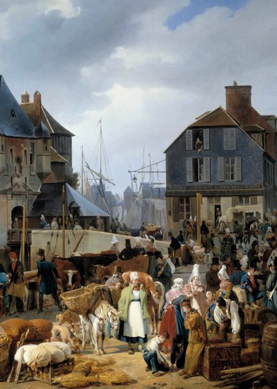 Gå ombord på storfe på passasjeren"" i havnen i Honfleur"" Detalj av et maleri av Auguste-Xavier Leprince (1799-1826) av Auguste Xavier Leprince