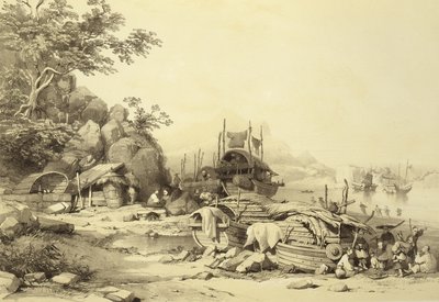 House Boats on the Bay of Cowloon, plate 6 fra Sketches of China, gravert av Eugene Ciceri (1813-90) 1842 (tonet litho) av Auguste after Borget