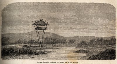En risvakt, nær Batavia (dagens Jakarta). Tegning av M. de Molins, for å illustrere hans reise til Java av Auguste de Molins