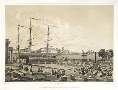 Lossing av to kolonner ved Admiralitetet Fra: The Construction of the Saint Isaacs Cathedral, 1845 av Auguste de Montferrand