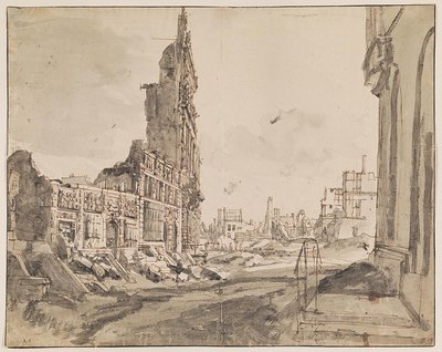 Utsikt over de nordøstlige og nordvestlige hjørnene av Grand Place etter bombardementet i 1695 av Augustin Coppens