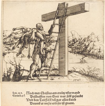 Kristus stiger opp på korset med synd, død og djevelen, 1547. av Augustin Hirschvogel