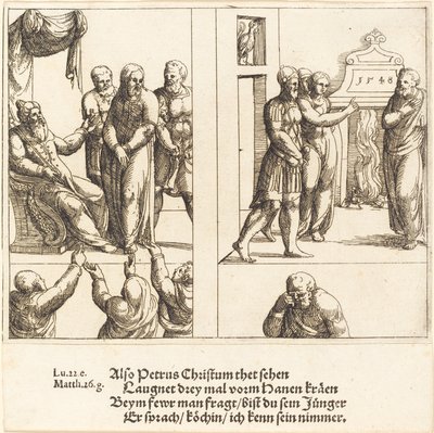 Kristus før Kaifas, og Peter fornekter Kristus, 1548. av Augustin Hirschvogel