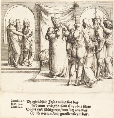 Kristus blir hånet, og Kaifas river sine klær, 1549. av Augustin Hirschvogel