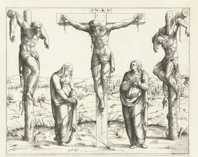 Kristus på korset og Maria og Johannes Korsfestelse Gamle og nye testamente konkordans (serietittel) Concordants alt und news Testaments (serietittel) av Augustin Hirschvogel