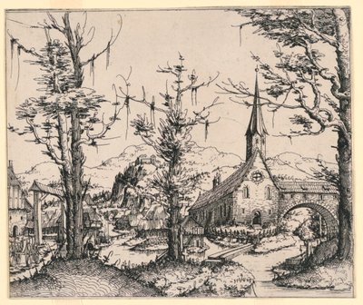 Kirke ved en bekk, dekket av en overbygd bro av Augustin Hirschvogel