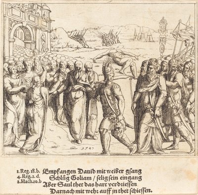 David blir ønsket velkommen etter å ha drept Goliat, og Sauls sjalusi, 1547. av Augustin Hirschvogel