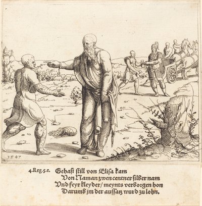Elisa straffer Gehazi med Naamans spedalskhet, 1547. av Augustin Hirschvogel