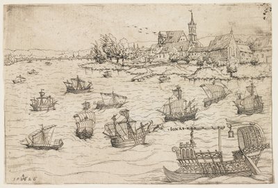 Jonah og hvalen på en innsjø med seilfartøy, 1546 av Augustin Hirschvogel