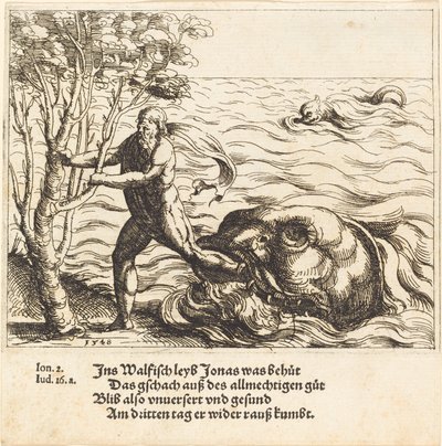 Jonah blir befridd fra hvalen, 1548. av Augustin Hirschvogel