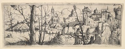 Landskap med fort og en kirke ved en elv, 1545. av Augustin Hirschvogel