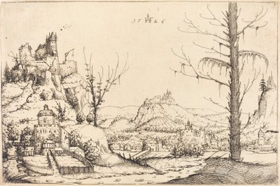 Landskap med høye klipper, elv og by av Augustin Hirschvogel